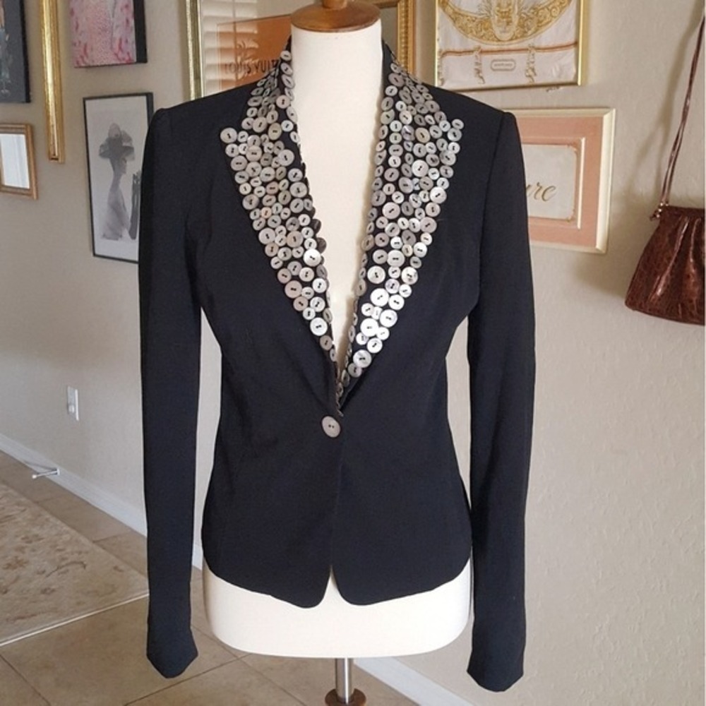 Cache" Vintage Black  Mother of Pearl Button Embellished Lapel Tailored Blazer - Picture 2 of 8